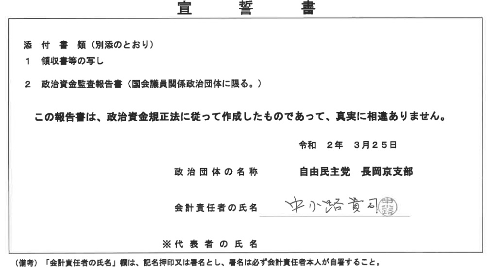 代表 能勢昌博 のせまさひろ 会計責任者 中小路貴司 中小路たかし 自民党長岡京支部 宣誓書 添付書類 (別添のとおり) 1 領収書等の写し 2 政治資金監査報告書 (国会議員関係政治団体に限る。) この報告書は、政治資金規正法に従って作成したものであって、真実に相違ありません。 政治団体の名称 自由民主党 長岡京支部 会計責任者の氏名 中小路貴司 令和 2年 3月25日 ※代表者の氏名 (備考)「会計責任者の氏名」欄は、記名押印又は署名とし、署名は必ず会計責任者本人が自署すること。 代表 能勢昌博 のせまさひろ 会計責任者 中小路貴司 中小路たかし 自民党長岡京支部 宣誓書 添付書類 (別添のとおり) 1 領収書等の写し 2 政治資金監査報告書 (国会議員関係政治団体に限る。) この報告書は、政治資金規正法に従って作成したものであって、真実に相違ありません。 政治団体の名称 自由民主党 長岡京支部 会計責任者の氏名 中小路貴司 令和 2年 3月25日 ※代表者の氏名 (備考)「会計責任者の氏名」欄は、記名押印又は署名とし、署名は必ず会計責任者本人が自署すること。